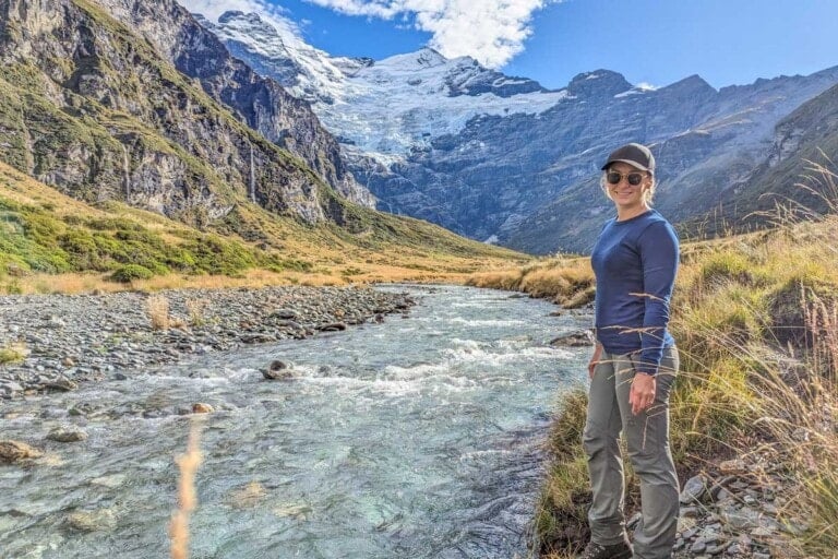Bailey at the river below Earnslaw Burn glacier near Glenorchy