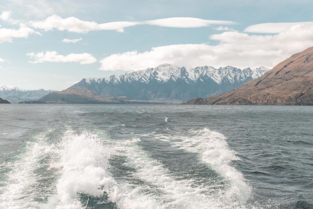 view of the Remarkables from lake cruise in Queenstown
