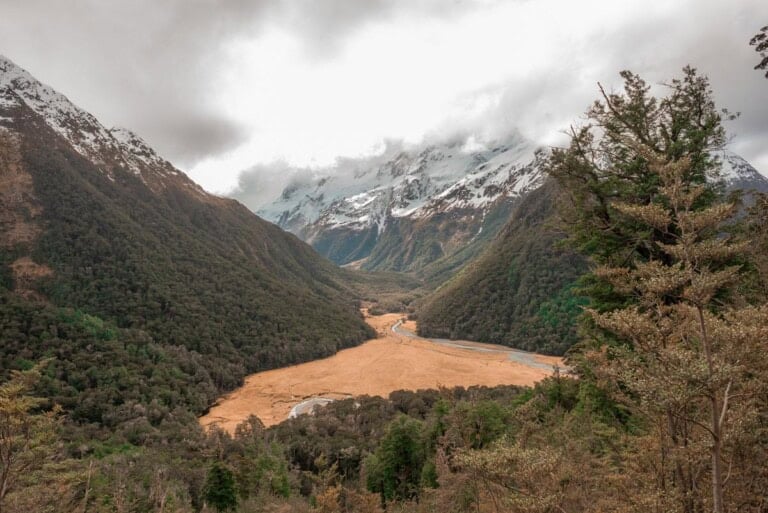 Views of from the Routeburn track looking down on Routeburn flats near Queenstown, New Zealand