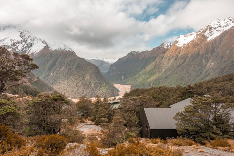The Routeburn Falls Hut and views looking down at Routeburn Flats