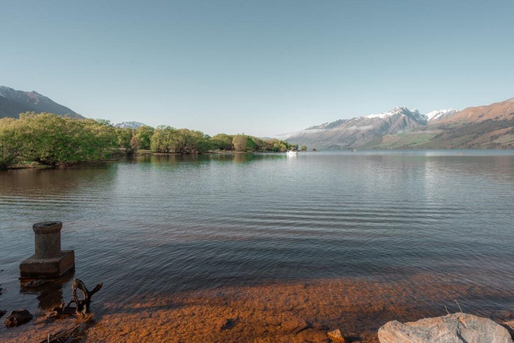 Views of Lake Wakatipu from the lenorchy jetty at the start of the Glenorchy Boardwalk