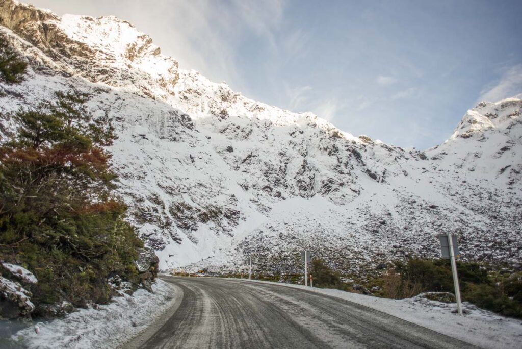 A snowy road between Te Anau and Milford Sound