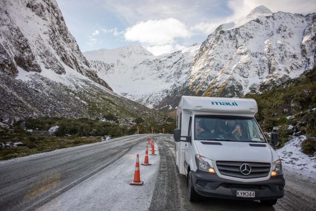 A motorhome waits at the Homer Tunnel