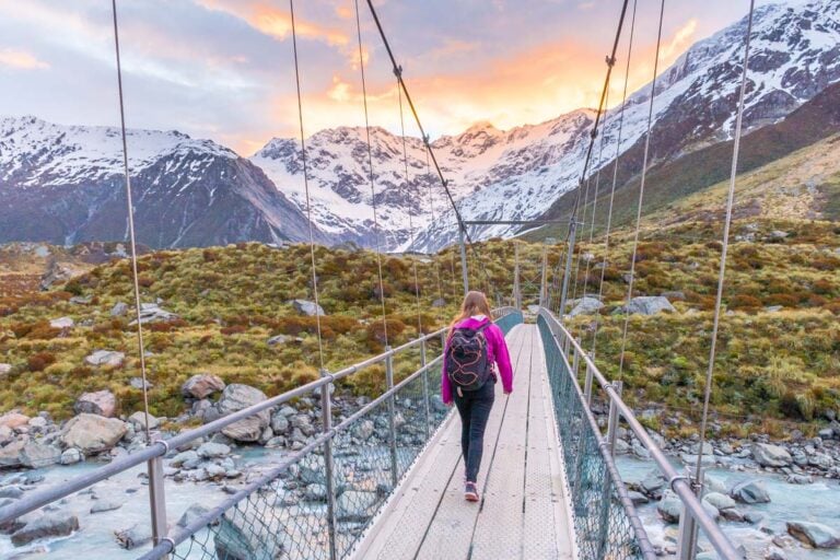 Hiking in Mount Cook National Park on the Hooker Valley Track at sunset