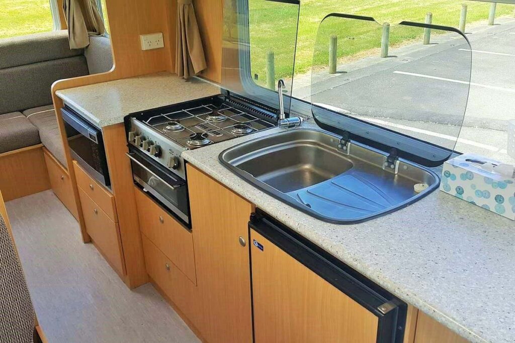 A basic motorhome kitchen