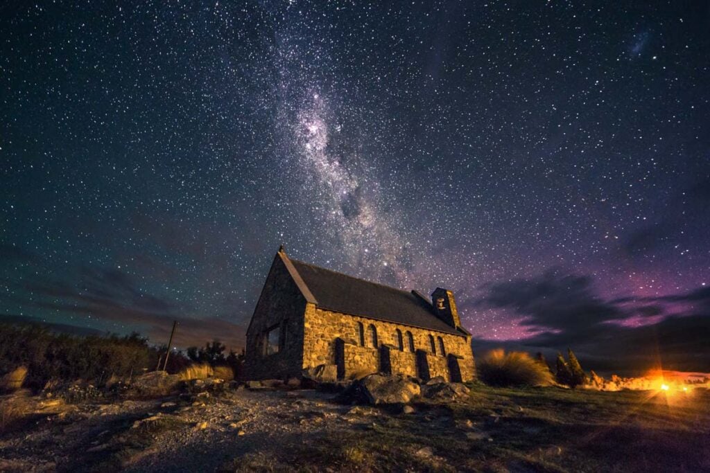 The Church of the Good Shepard at night with the Milky Way