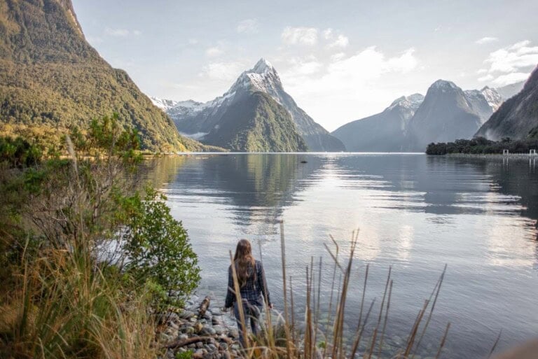 A lady stands on the Milford Sound foreshore