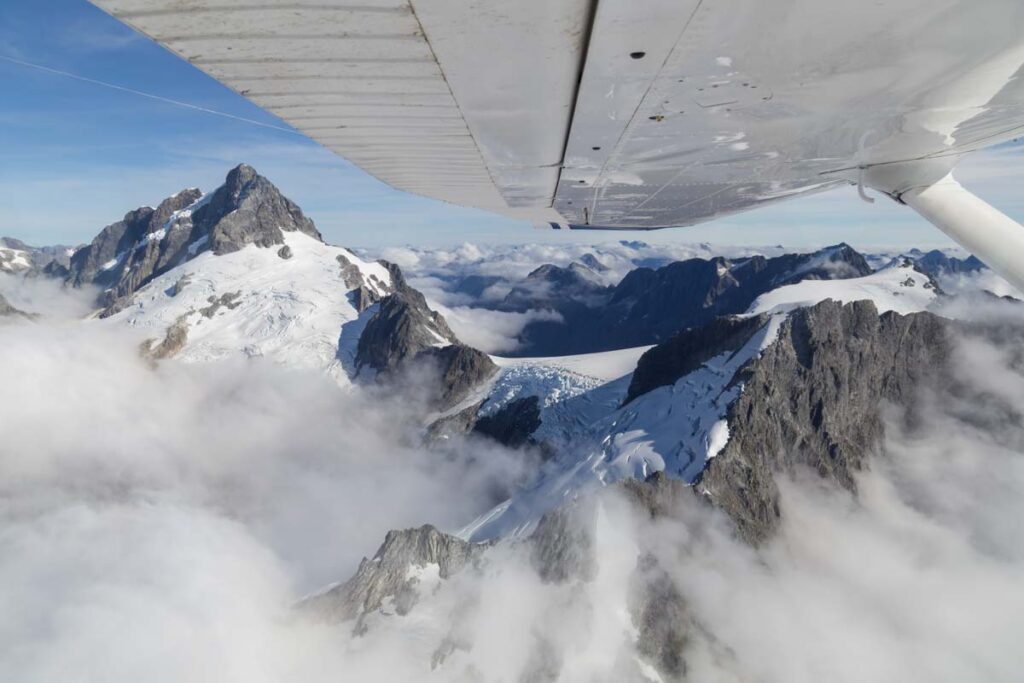 Views out a plane window while flying over Mt Aspiring National Park