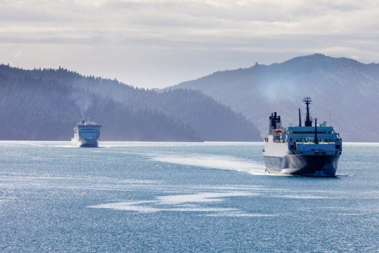 Two ferry's cross the Cook Strait into Queen Charlotte Sound from Wellington to Picton, New Zealand