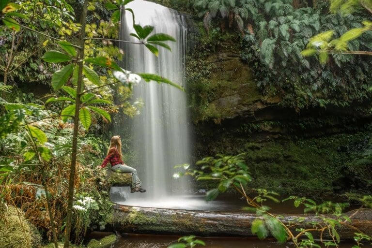 A lady sits at Koropuku Falls in the Catlins region