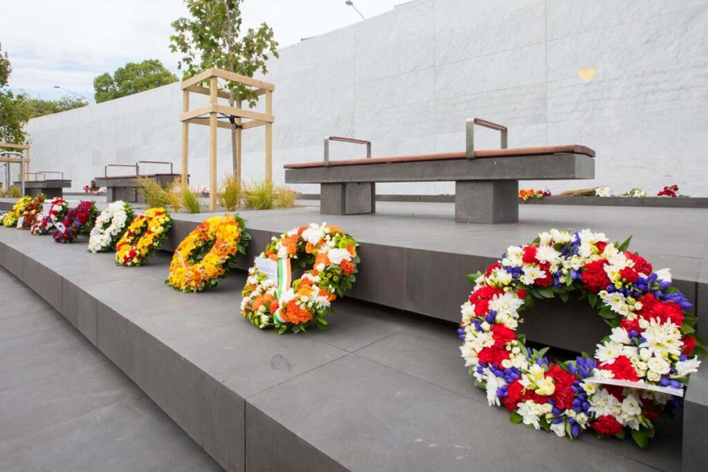 Flowers lay at the Canterbury Earthquake National Memorial