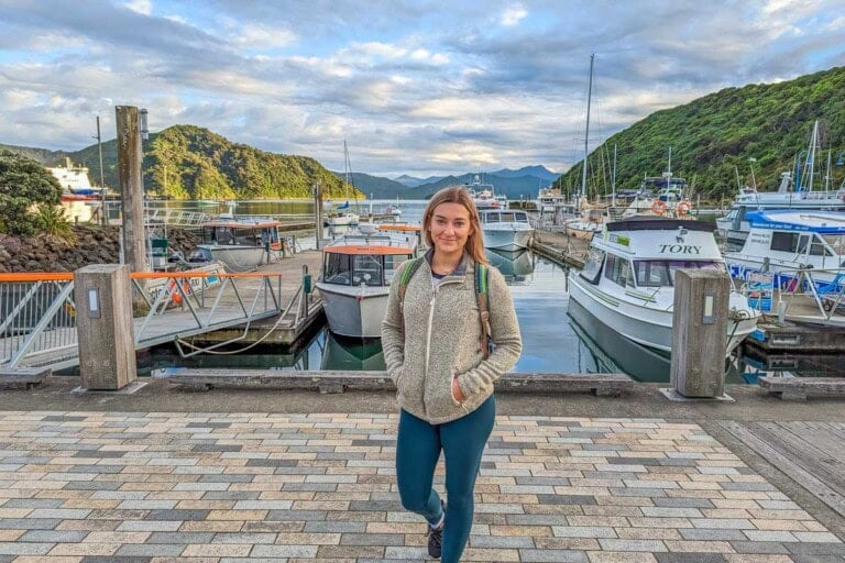 Bailey poses for a photo on the Picton waterfront in New Zealand