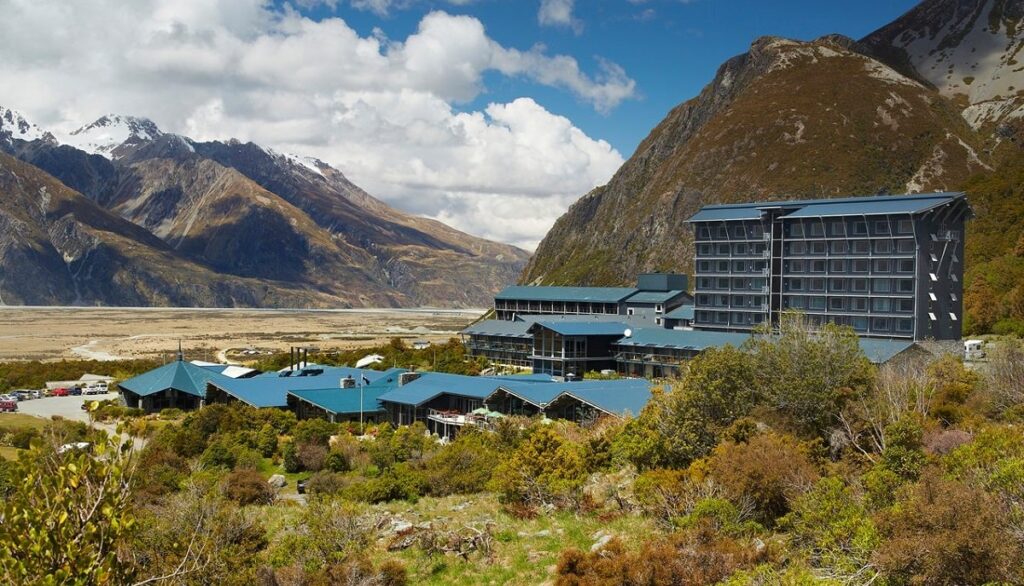 the outside of the Hermitage Hotel in Mount Cook National Park