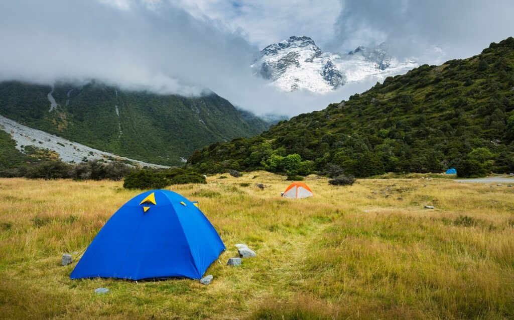 a tent setup at Whistehorse Hill Campground in Mount Cook Village