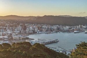 View of Wellington City from Mount Victoria Lookout at sunset in New Zealand