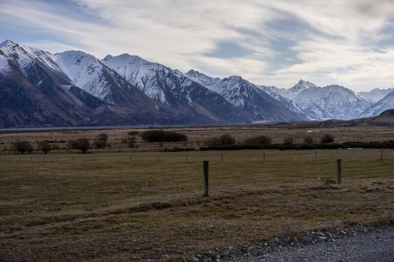 snowy mountain view from the road on the drive from Christchurch to Mount Cook National Park