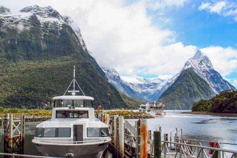 The Milford Sound Dock with Mitre Peak in the background