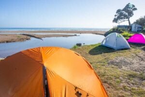 Tents camped at the freedom camping spot at Sandy Bay Beach, Northland 