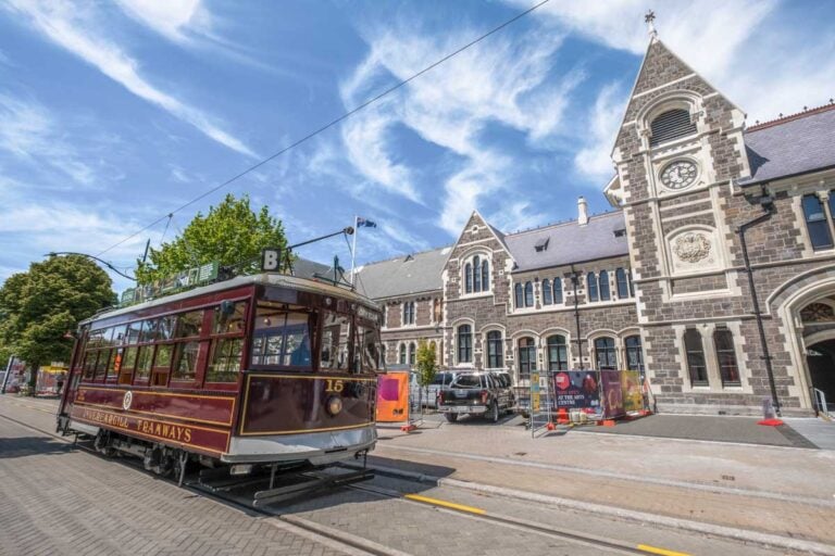 Old tramway and buildings in downtown Christchurch, New Zealand
