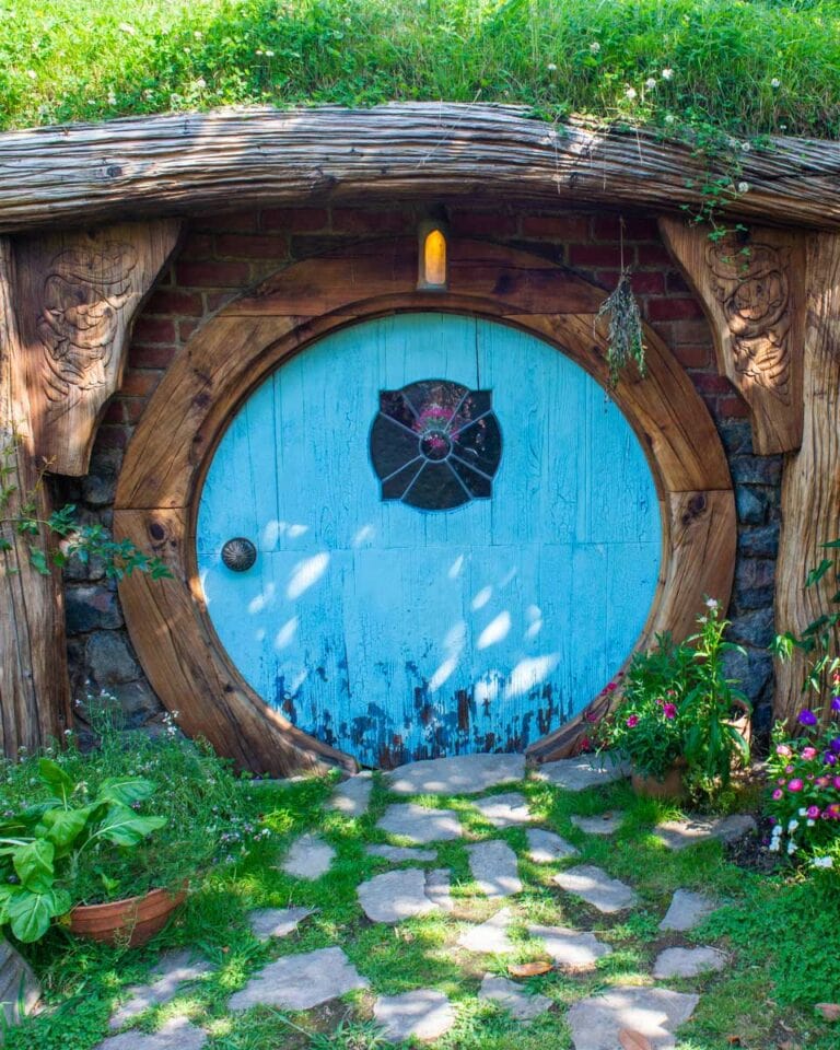 A blue door at Hobbiton, New Zealand