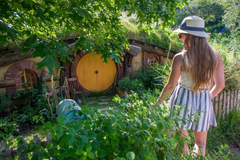 Bailey at the Yellow Door hobbit House at Hobbiton, New Zealand