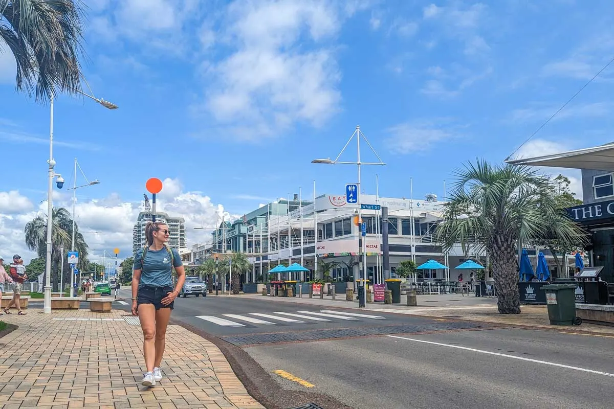 Bailey walks around Tauranga, NZ downtown area