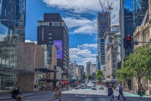 Downtown Auckland near the water on a busy week day