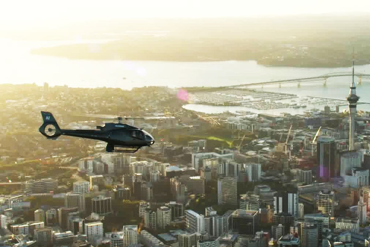 Helicopter flying over Auckland, New Zealand