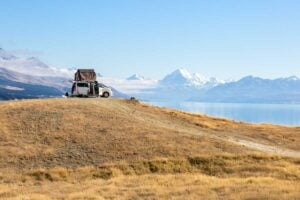 A campervan in New Zealand with Mount Cook in the background