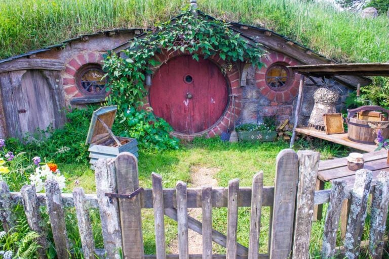 A red Hobbit Home at Hobbiton Movie Set