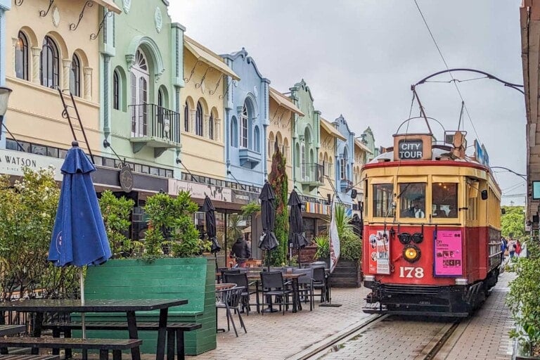 A tram travels down New Regent Street in Christchurch, New Zealand