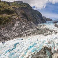 Close up of Franz Josef Glacier from the air in New Zealand