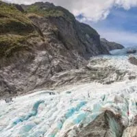 Close up of Franz Josef Glacier from the air in New Zealand
