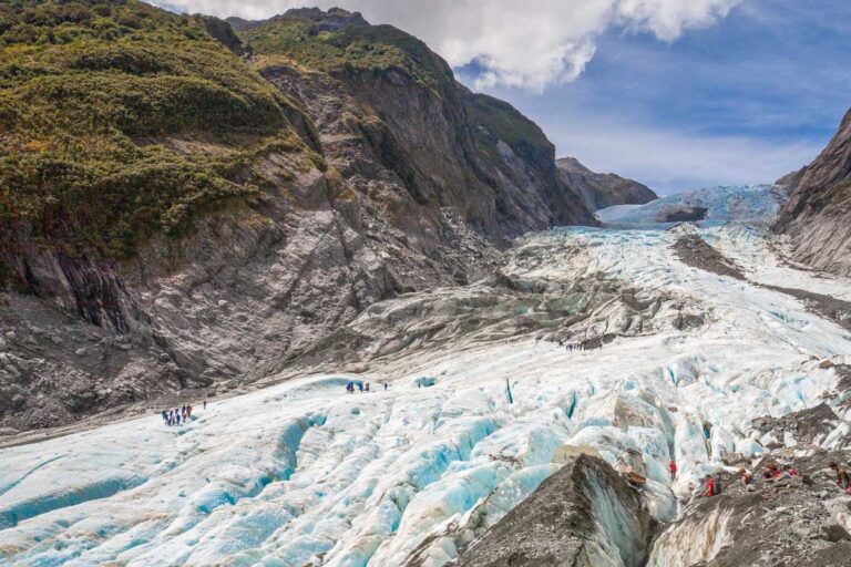 Close up of Franz Josef Glacier from the air in New Zealand