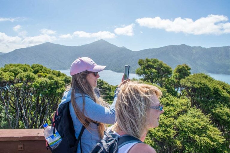 Bailey and her mum on an island in the Marlborough Sounds during a tour