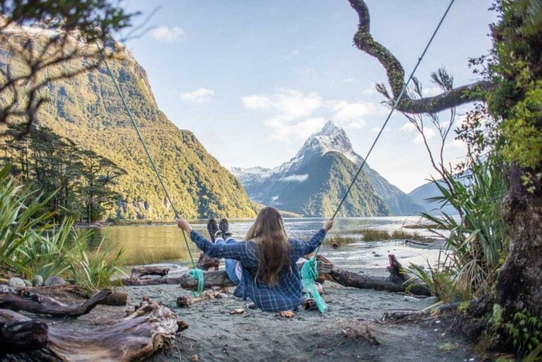 Bailey on the Milford Sound swing in New Zealand