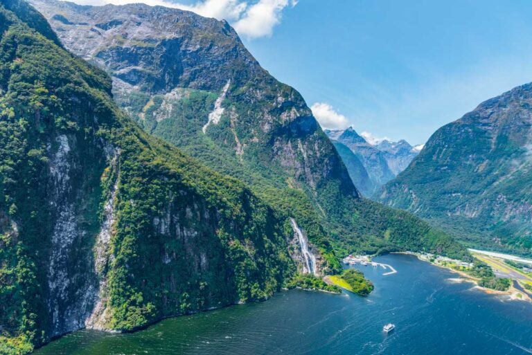 Aerial view of Milford sound in New Zealand