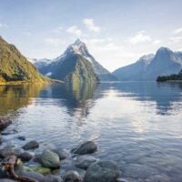 View of Mitre Peak and Milford Sound from the Milford foreshore in New Zealand