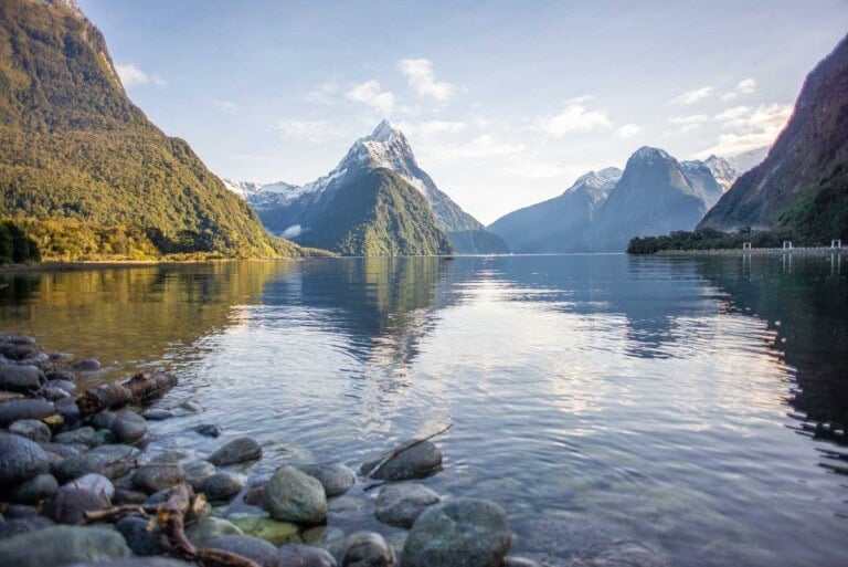 View of Mitre Peak and Milford Sound from the Milford foreshore in New Zealand