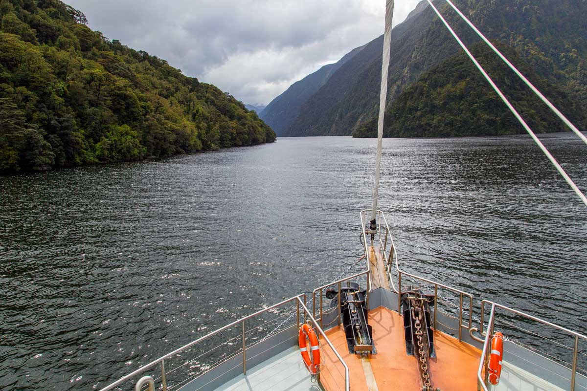 Cruising in Doubtful Sound New Zealand on a cloudy day