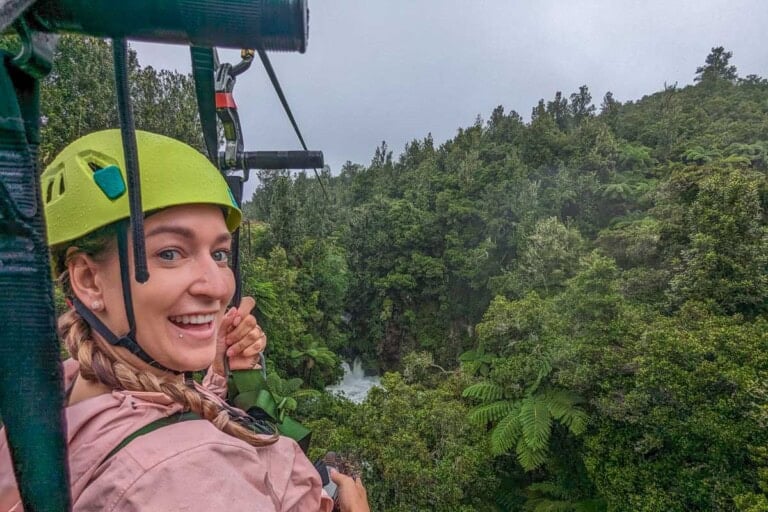Bailey smiles while ziplining in Rotorua