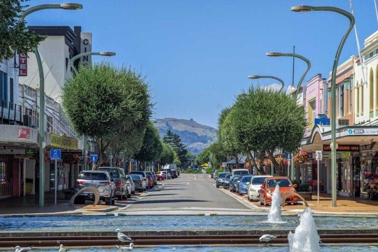 Art Deco Buildings and mountain views in Hastings, New Zealand