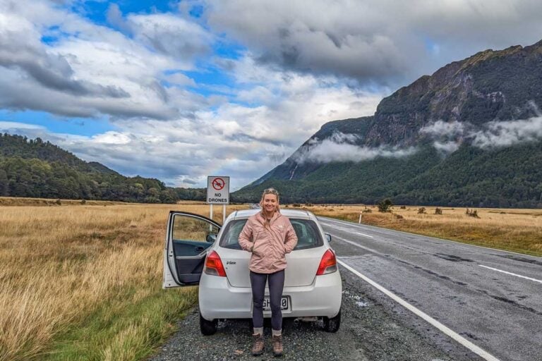 Bailey with her rental car in the Eglinton Valley, NZ