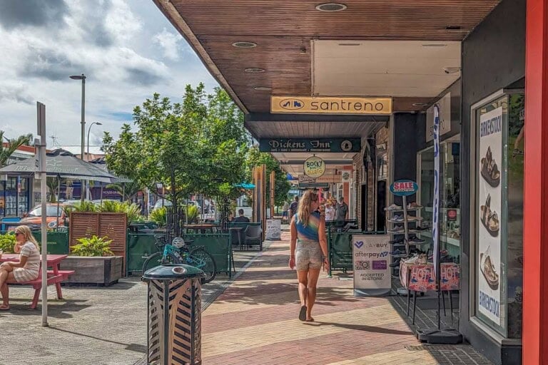 Bailey walks through downtown Whangarei, New Zealand