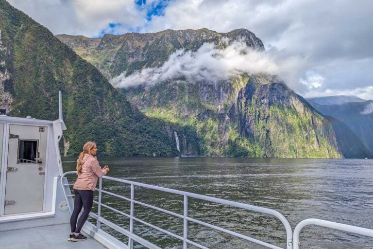 Bailey looks out from the deck of a cruise in Milford Sound and enjoys the view