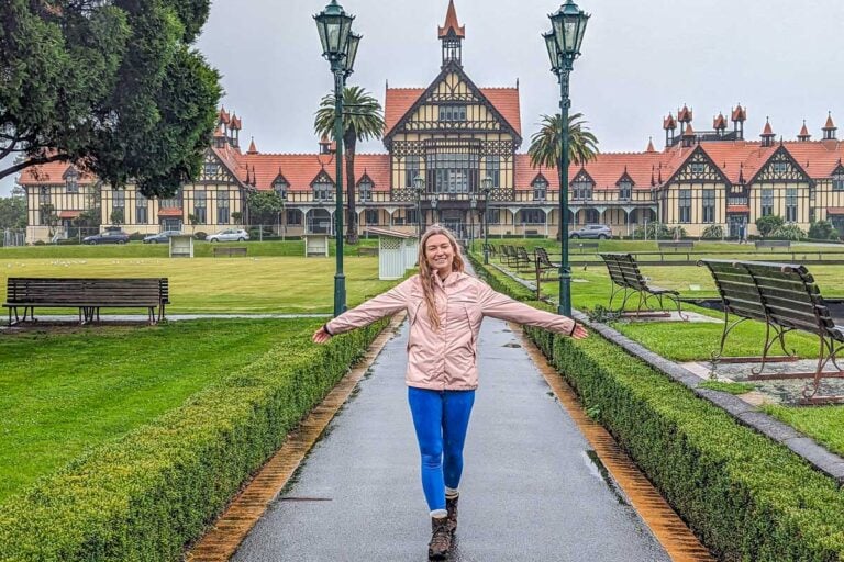Bailey walks in front of the Rotorua Museum Te Whare Taonga o Te Arawa in Rotorua at the Government gardens