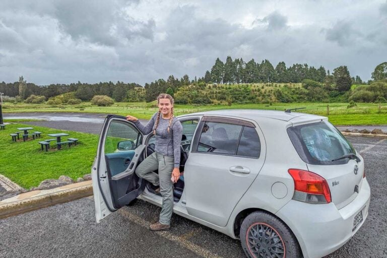 Bailey with her car on her way to Rotorua from Auckland