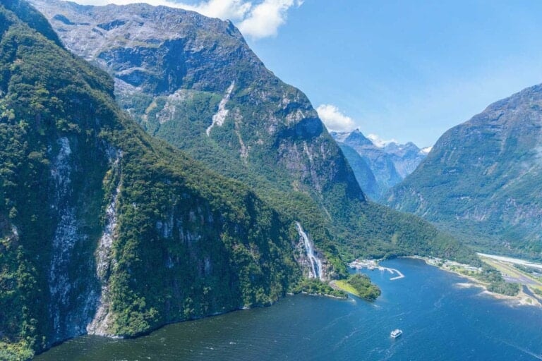 View of Milford Sound from a helicopter flight