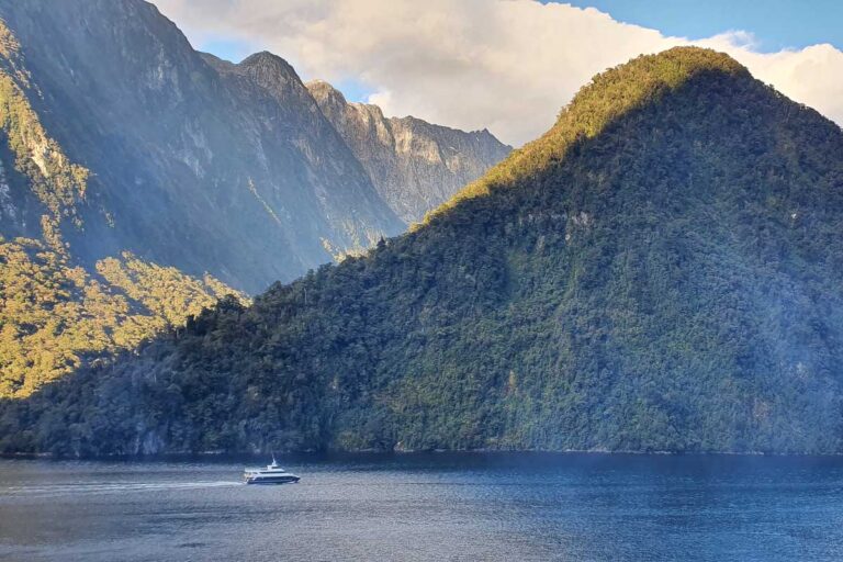 A boat cruises through Doubtful Sound