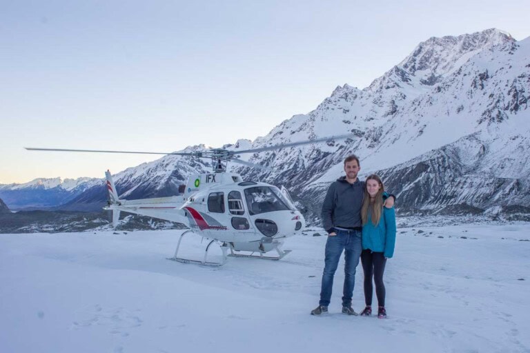 Landing on a glacier during a Mount Cook helicopter flight in New Zealand